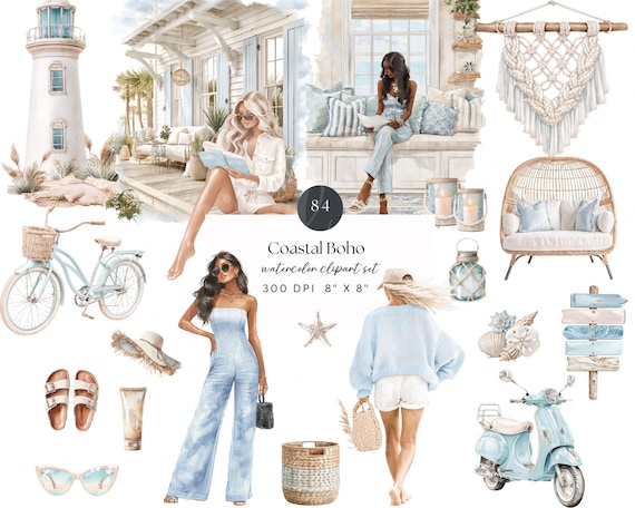 Coastal Boho Clipart Set, Coastal Granddaughter Aesthetic PNG, Beach House Decor, Summer Lifestyle Clipart