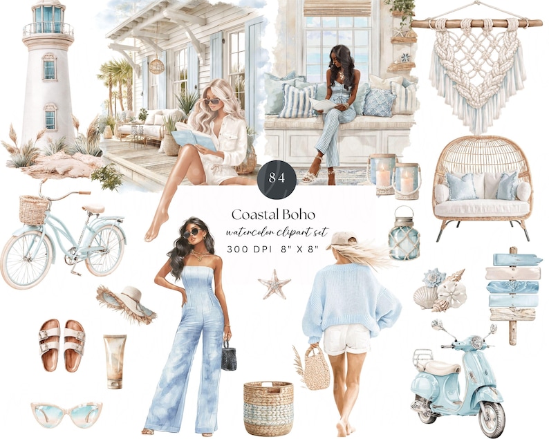 Coastal Boho Clipart Set, Coastal Granddaughter Aesthetic PNG, Beach House Decor, Summer Lifestyle Clipart image 1