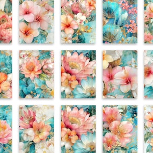 May include: A collection of floral art prints featuring watercolour flowers in shades of pink, orange, and teal. The botanical designs include hibiscus, lotus, and other blossoms, with gold accents. The prints have a soft, artistic aesthetic, suitable for home decor.
