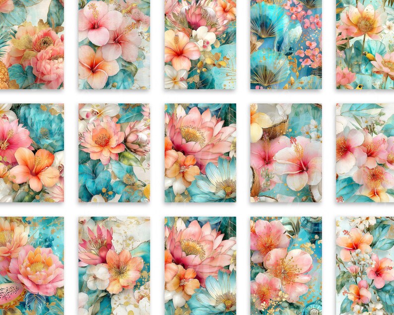 May include: A collection of floral art prints featuring watercolour flowers in shades of pink, orange, and teal. The botanical designs include hibiscus, lotus, and other blossoms, with gold accents. The prints have a soft, artistic aesthetic, suitable for home decor.