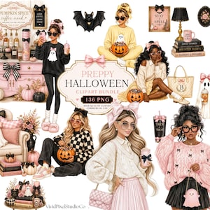 Puede incluir: Un paquete de imágenes prediseñadas digitales titulado Preppy Halloween con 136 archivos PNG. La colección incluye ilustraciones de personas con ropa de temporada, calabazas, fantasmas, tazas, libros, un candelabro y muebles en rosa y negro.