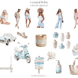 May include: Watercolor clipart set titled "Coastal Boho" featuring illustrations of people, a classic car, a scooter, a swing, vases, a basket, a signpost, a coral, a soap dispenser, a tote bag, and books. The color palette includes shades of blue, beige, and white.