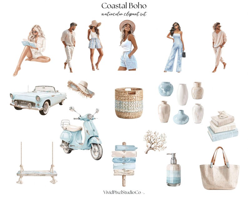 May include: Watercolor clipart set titled "Coastal Boho" featuring illustrations of people, a classic car, a scooter, a swing, vases, a basket, a signpost, a coral, a soap dispenser, a tote bag, and books. The color palette includes shades of blue, beige, and white.