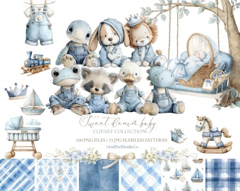 Może przedstawiać: Akwarelowa ilustracja o tematyce dziecięcej z napisem "Tweet denim baby". Obraz przedstawia różne zwierzęta dla dzieci w dżinsowych ogrodniczkach, dziecko na huśtawce i bezszwowe niebieskie wzory.