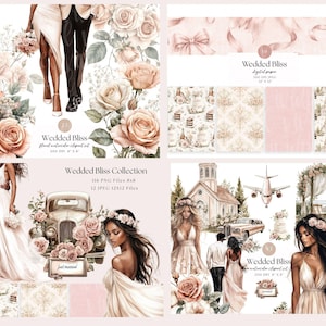 Puede incluir: Una colección de arte digital con ilustraciones de acuarela con temática de boda. Las imágenes incluyen parejas, arreglos florales, coches antiguos y elementos decorativos. El texto "Wedded Bliss" y "Just Married" son visibles.