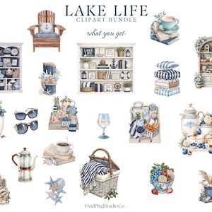 Puede incluir: Paquete de im&aacute;genes predise&ntilde;adas de acuarela con tem&aacute;tica de vida en el lago. Incluye ilustraciones de muebles, libros, decoraci&oacute;n n&aacute;utica, comida y accesorios en tonos azules, blancos y marrones. Texto: "LAKE LIFE CLIPART BUNDLE" y "what you get:"