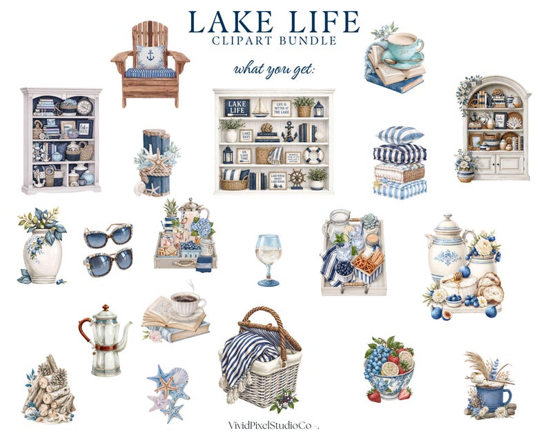 Puede incluir: Paquete de im&aacute;genes predise&ntilde;adas de acuarela con tem&aacute;tica de vida en el lago. Incluye ilustraciones de muebles, libros, decoraci&oacute;n n&aacute;utica, comida y accesorios en tonos azules, blancos y marrones. Texto: "LAKE LIFE CLIPART BUNDLE" y "what you get:"