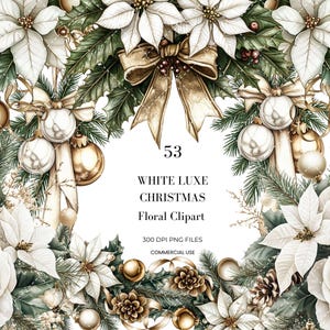 Puede incluir: Ilustración en acuarela de una corona navideña con flores de pascua blancas, rosas y agujas de pino. También se incluyen adornos dorados, piñas y un lazo dorado. El texto dice "53 White Luxe Christmas Floral Clipart."