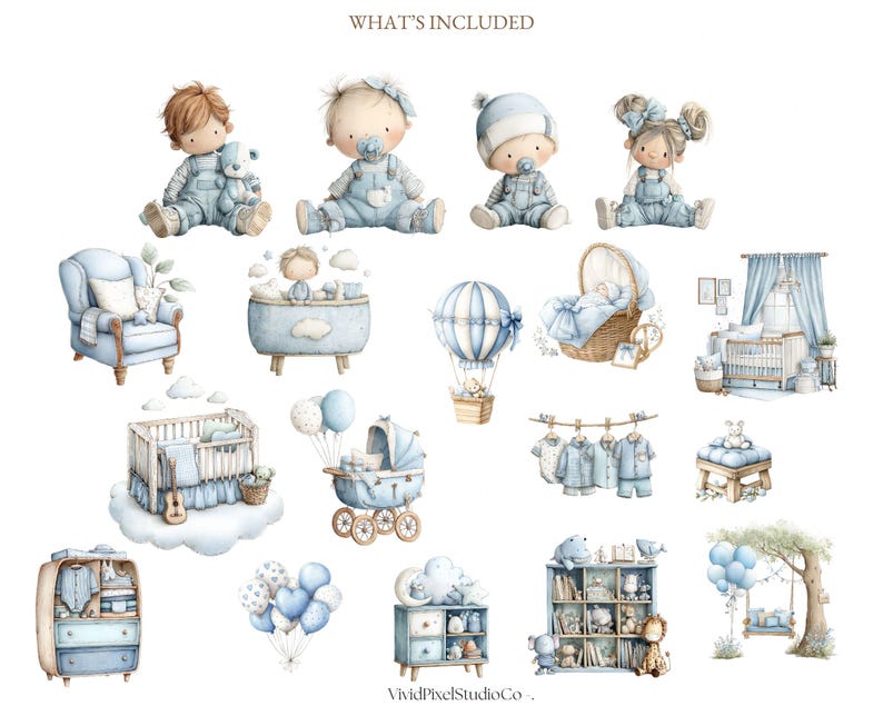 Sweet Denim Baby Clipart Bundle | Blue Nursery Watercolor Animals ...