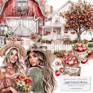Può includere: Illustrazione ad acquerello di un frutteto di mele con un fienile rosso, una casa bianca e un melo. Due donne con cappelli di paglia sono in primo piano. Sono visibili anche un trattore e un cartello con la scritta "Apple Orchard".