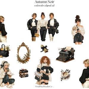 Op de afbeelding: Een digitale aquarel clipart set getiteld Autumn Noir met illustraties van vrouwen in seizoenskleding, een zwarte tas met pompoenen, een gouden ovale spiegel, een typemachine, boeken, kaarsen en een kopje koffie met bladeren.