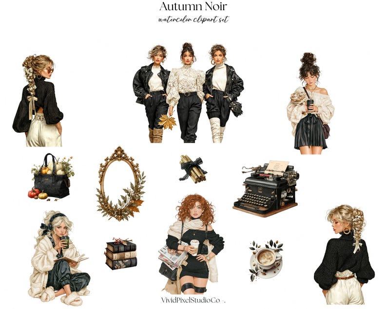 Op de afbeelding: Een digitale aquarel clipart set getiteld Autumn Noir met illustraties van vrouwen in seizoenskleding, een zwarte tas met pompoenen, een gouden ovale spiegel, een typemachine, boeken, kaarsen en een kopje koffie met bladeren.