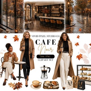 Puede incluir: Un conjunto de imágenes digitales titulado VIVID PIXEL STUDIO CO CAFE Noir 106 PNG que incluye dos personas con abrigos color camel, una cafetera moka, una taza de café, una vitrina de pastelería, bolsas, hojas de otoño y escenas de calle.