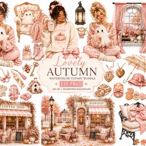Op de afbeelding: Een digitaal aquarel clipartpakket getiteld Lovely Autumn met 135 PNG-bestanden. Elementen zijn onder meer mensen in roze truien, geesten, koffietentjes, boekwinkels, meubels, lantaarns, paraplu's, hoeden, sjaals en bloemstukken in zachte roze tinten.