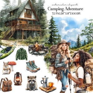 Peut inclure: Clipart aquarelle intitulée "Camping Adventure" représentant une cabane, deux femmes avec des sacs à dos, un kayak, un feu de camp, des chaussures de randonnée, une chemise à carreaux, un raton laveur et d'autres illustrations sur le thème du camping. L'image mesure 20.3 cm x 20.3 cm.