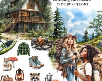 Watercolor Cute Camping  Clipart Bundle | Woodland Mountain PNG Set Hiking, Wildlife, Cabin, Campfire, Forest, Backpacking Graphics