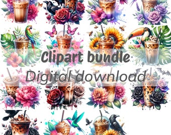Floral Iced Coffee Watercolor Clipart Set: Spring Cafe PNGs (Digital Download)
