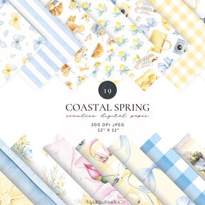 Peut inclure: Une collection de 19 papiers numériques sans couture sur le thème du printemps côtier. Les papiers présentent des motifs aquarelles de papillons, de citrons, de nœuds et de motifs vichy. Chaque papier mesure 30.48 cm x 30.48 cm.