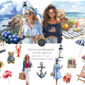 Può includere: Set di clipart ad acquerello "East Coast Summer" con illustrazioni di scene di spiaggia, moda e accessori. Include immagini di donne, un faro, una borsa tote, un'aragosta, un orsacchiotto e altri oggetti a tema estivo.
