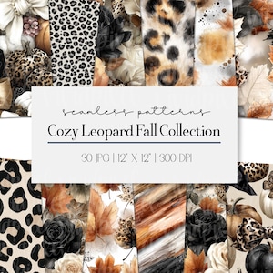 May include: A selection of seamless patterns with a cosy autumn theme. The designs feature leopard print, pumpkins, leaves, and floral elements in brown, black, and cream hues. The image text reads "Cozy Leopard Fall Collection" and "30 JPG | 12" X 12" | 300 DPI."