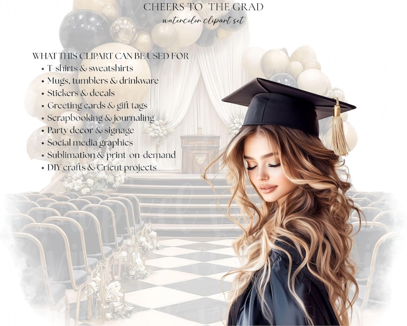 Lyxigt examensklipppaket | Klass 2026 svart & guld examen PNG | Clipart för examensfest | Skål för examensinbjudningar bild 2