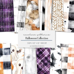 May include: A selection of seamless Halloween patterns featuring plaid, wood grain, and knit textures in purple, black, white, and orange. The image includes the text "seamless patterns Halloween Collection".