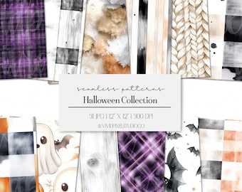 Halloween Seamless Patterns Bundle | Watercolor Ghost, Pumpkin, Bat, Plaid & Fall Digital Papers | 12x12” Scrapbook, Sublimation