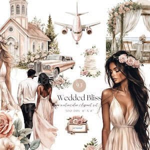 May include: Watercolor clipart set titled "Wedded Bliss" featuring illustrations of a church, airplane, wedding cake, couple, and a beach wedding scene. The set includes images of a bride and groom, flowers, and a vintage car. The text "Just Married" is also included.