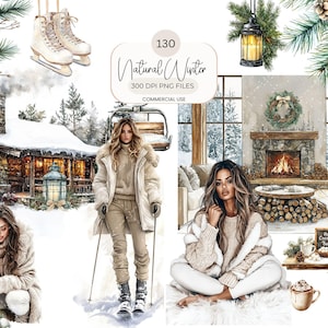 Op de afbeelding: Waterverfillustraties met winterthema's. Bevat afbeeldingen van schaatsen, een gezellige hut, een skiënde vrouw, een open haard en een vrouw die binnen ontspant. Tekst luidt "Natural Winter" en "300 DPI PNG FILES".