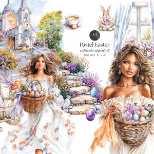 Op de afbeelding: Watercolor clipart set getiteld "Pastel Easter" met een vrouw die een mand met paaseieren vasthoudt. De afbeelding bevat een kerk, een konijn, een kopje thee en een schommelstoel. De set is 20,32 cm x 20,32 cm bij 300 DPI.