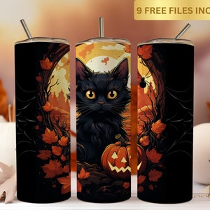 Schwarze Katze 20 Unzen Skinny Tumbler Wrap Sublimation PNG Digital Download Halloween schwarze Katze Full Tumbler Wrap