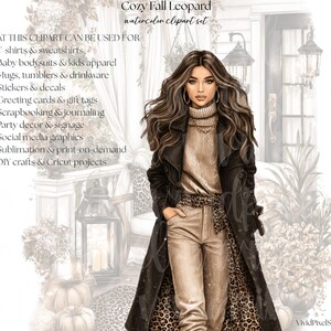 Paquete de imágenes prediseñadas de leopardo acogedor para otoño / Moda otoñal para niñas, decoración con estampado animal neutro, café, calabazas, descarga digital PNG imagen 2