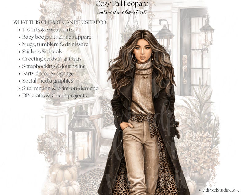Paquete de imágenes prediseñadas de leopardo acogedor para otoño / Moda otoñal para niñas, decoración con estampado animal neutro, café, calabazas, descarga digital PNG imagen 2