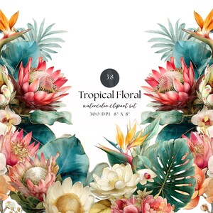 May include: Watercolor clipart set featuring tropical flowers and foliage. The design includes vibrant blooms in shades of pink, orange, and white, with lush green leaves. The text reads "Tropical Floral watercolor clipart set 300 DPI 8" x 8".