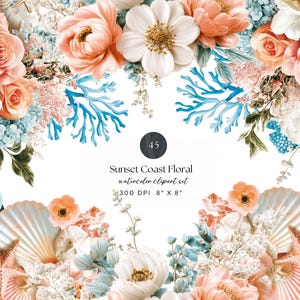 Costal Floral PNGS | Sunset Coast Floral Clipart | Peach Aqua Beach Florals | Seashell Coral Clipart, Tropical Wedding | Scrapbook PNGS