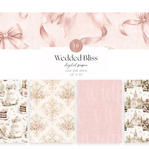 Puede incluir: Un conjunto de papel digital titulado "Wedded Bliss" con 16 diseños. Los diseños incluyen ilustraciones de acuarela de lazos, cintas, pasteles, champán, patrones florales y coches antiguos. El tamaño del papel es de 30,48 cm x 30,48 cm.