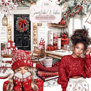 以下が含まれることがあります： 冬の休日のテーマのデジタルイラスト。赤いセーターと雪の結晶のデザインの白いショートパンツを着た女性が含まれています。赤い帽子とミトンを着た女性もいます。「Snowflake Wishes」というテキストが表示されます。