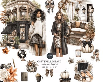 Gezellige herfst luipaard clipartbundel | Herfstmode meisjes, neutraal decor met dierenprint, koffie, pompoenen, digitale download, png
