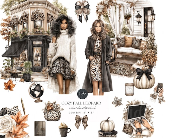 Cozy Fall Leopard Clipart Bundle | Autumn Fashion Girls, Neutral Animal Print Decor, Coffee, Pumpkins, Digital Download PNG