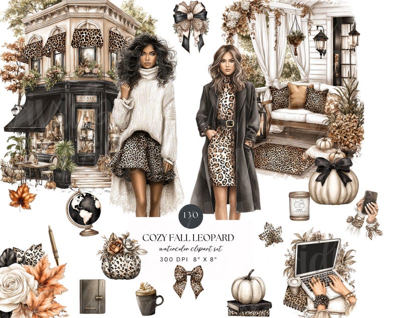 Paquete de imágenes prediseñadas de leopardo acogedor para otoño / Moda otoñal para niñas, decoración con estampado animal neutro, café, calabazas, descarga digital PNG imagen 1
