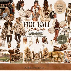 Puede incluir: Una colección de imágenes prediseñadas digitales titulada Football Season que presenta ilustraciones de personas con ropa de fútbol americano, animadoras, balones, estadios, equipo de tailgate y decoración otoñal. Incluye 167 archivos PNG.