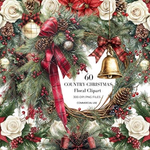 Country Christmas Floral Clipart | Rustic Holiday Wreaths, Pine & Poinsettia PNG | Farmhouse Plaid Christmas Floral PNGS