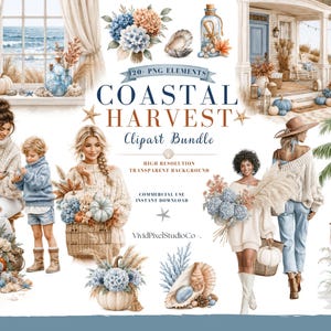 May include: A digital clipart bundle titled Coastal Harvest featuring watercolor illustrations of people in knit sweaters, pumpkins, blue hydrangeas, seashells, beach houses, and palm trees. The collection includes 120 PNG elements with transparent backgrounds for creative projects.