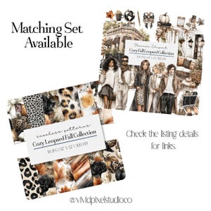 Puede incluir: Arte digital que presenta una "Cozy Leopard Fall Collection" con patrones sin costuras y clipart de planificador. La imagen incluye ilustraciones de personas, estampado de leopardo y elementos tem&aacute;ticos de oto&ntilde;o. El texto dice "Matching Set Available."