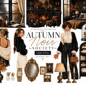 Op de afbeelding: Een digitale clipartcollectie genaamd Autumn Noir Society met illustraties van een gezellige kamer, een open haard, een slaapkamer, een persoon in een cr&egrave;mekleurige trui, een zwart topje, een kanten blouse, een schedel, een boekenplank en een spiegel.