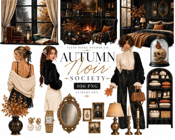 Autumn Noir Watercolor Clipart Bundle, Moody Fall Fashion & Dark Academia Decor PNG Set, Vintage Gothic Autumn Illustrations
