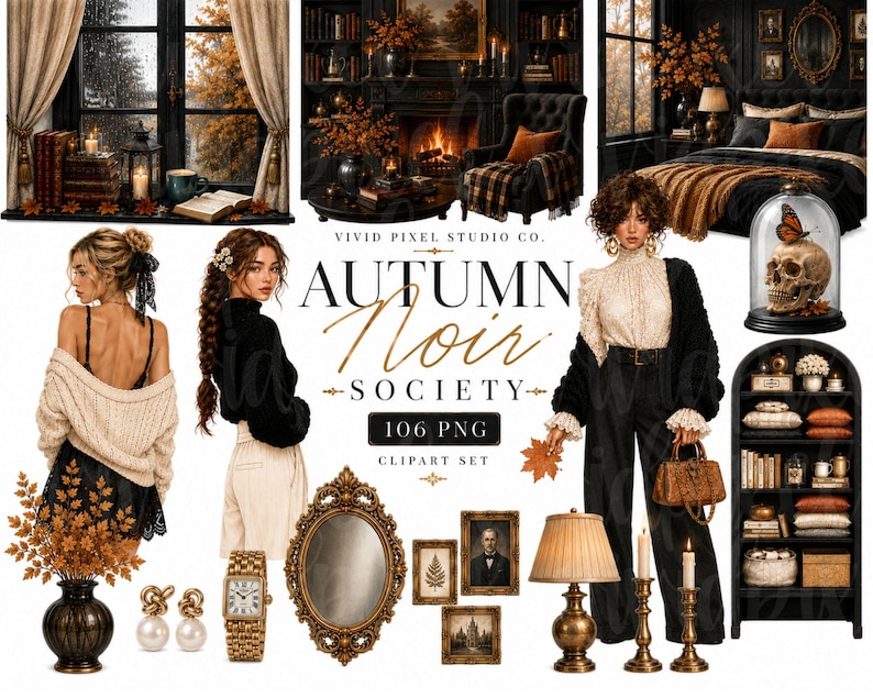 Op de afbeelding: Een digitale clipartcollectie genaamd Autumn Noir Society met illustraties van een gezellige kamer, een open haard, een slaapkamer, een persoon in een cr&egrave;mekleurige trui, een zwart topje, een kanten blouse, een schedel, een boekenplank en een spiegel.