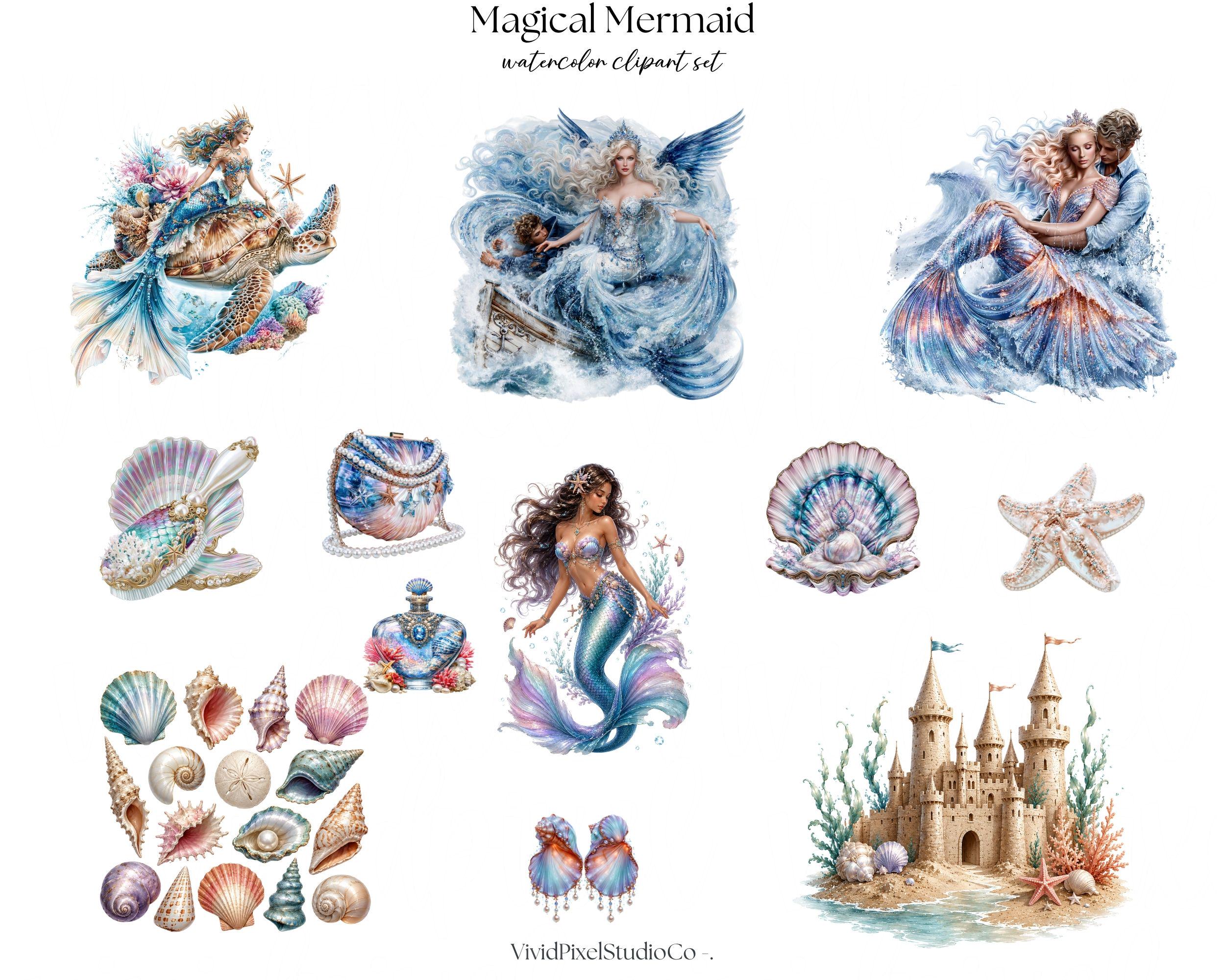 Magical Mermaid Clipart Bundle, Watercolor Mermaid Clipart, Fantasy ...