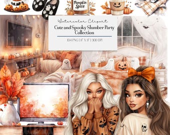 Cute and Spooky Halloween Slumber Party Clipart Bundle | Cozy Girls, Pajamas, Pumpkins, Ghosts, Bedroom Scenes, Digital Journal Graphics