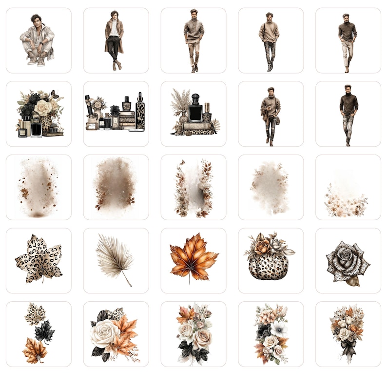 Puede incluir: Una colecci&oacute;n de ilustraciones en acuarela que presentan figuras de moda, frascos de perfume, arreglos florales y hojas de oto&ntilde;o. La paleta de colores incluye tonos de marr&oacute;n, beige y negro, creando una est&eacute;tica cohesiva. Las im&aacute;genes est&aacute;n dispuestas sobre un fondo blanco.